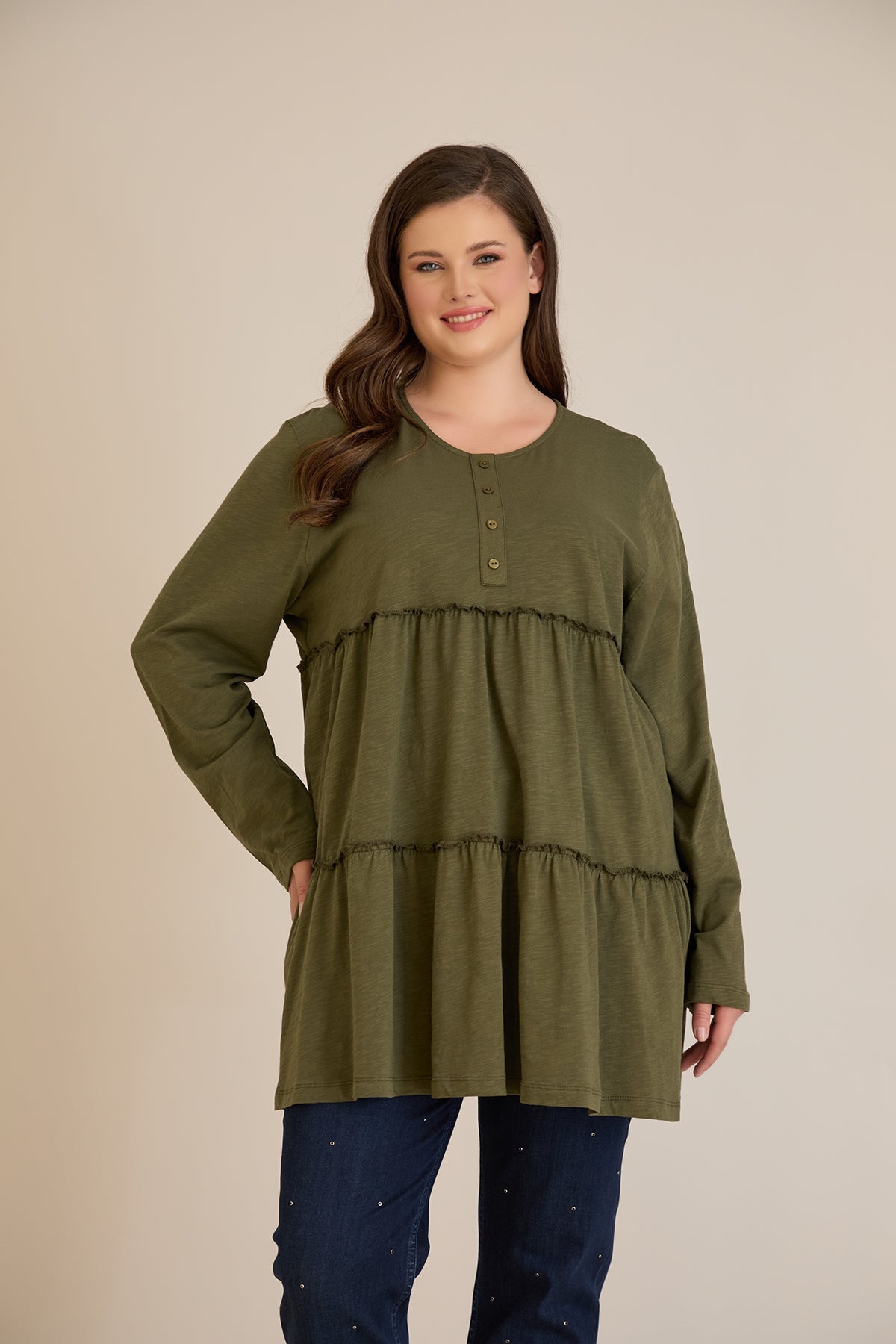 Βαμβακερή τουνίκ με κουμπιά στο ντεκολτέ - Χακί