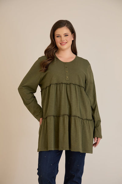 Βαμβακερή τουνίκ με κουμπιά στο ντεκολτέ - Χακί