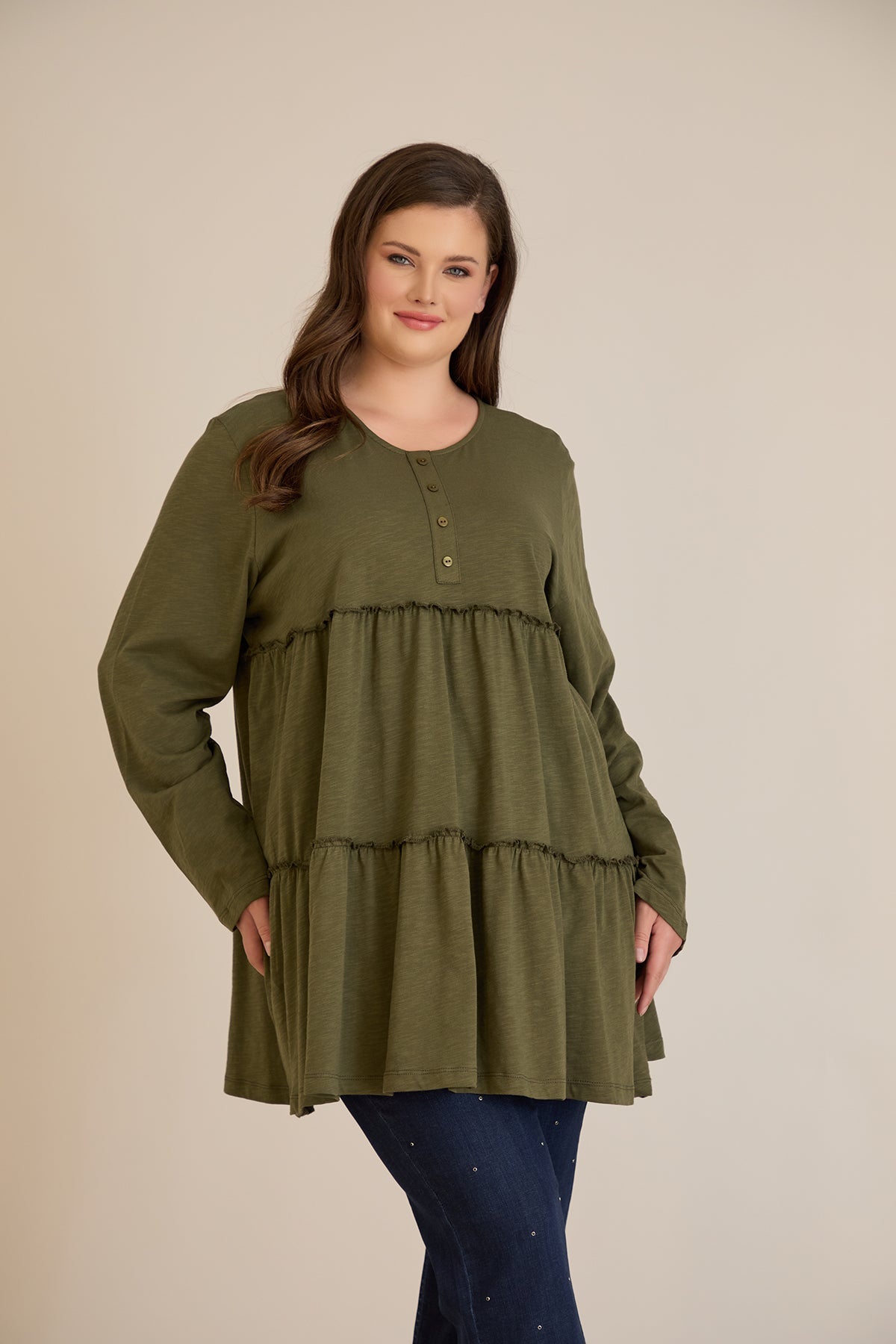 Βαμβακερή τουνίκ με κουμπιά στο ντεκολτέ - Χακί