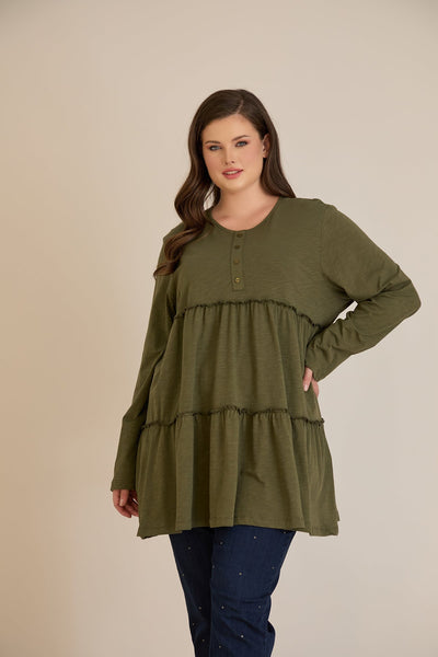 Βαμβακερή τουνίκ με κουμπιά στο ντεκολτέ - Χακί