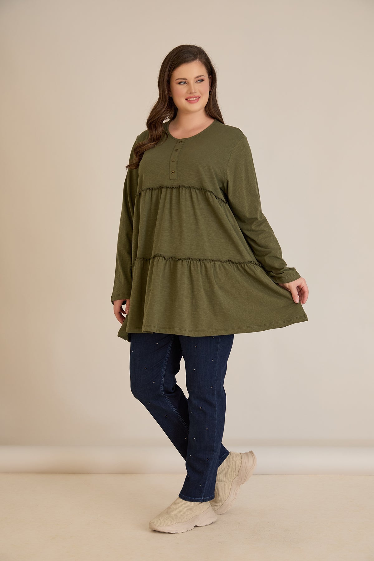 Βαμβακερή τουνίκ με κουμπιά στο ντεκολτέ - Χακί