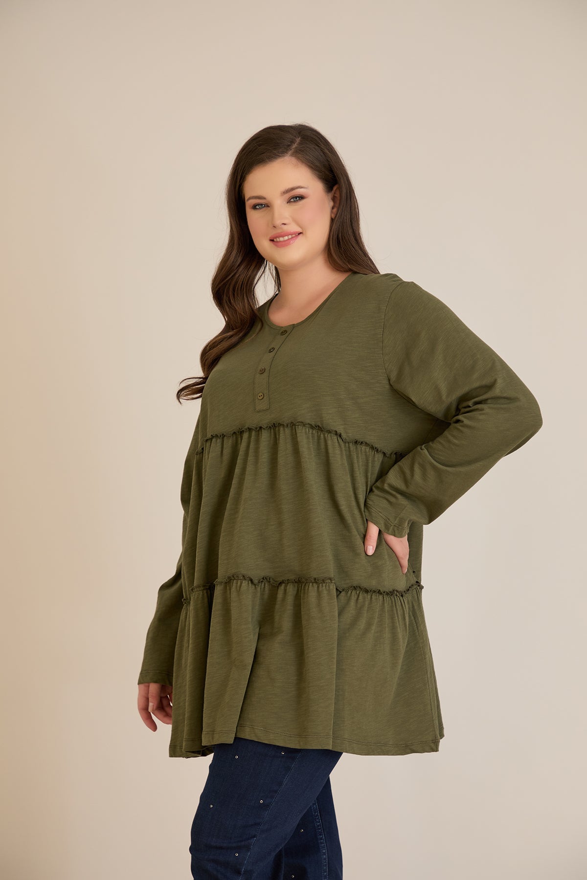 Βαμβακερή τουνίκ με κουμπιά στο ντεκολτέ - Χακί