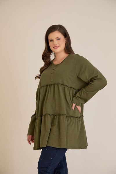 Βαμβακερή τουνίκ με κουμπιά στο ντεκολτέ - Χακί