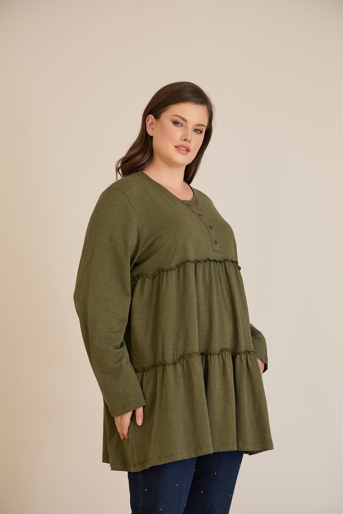 Βαμβακερή τουνίκ με κουμπιά στο ντεκολτέ - Χακί