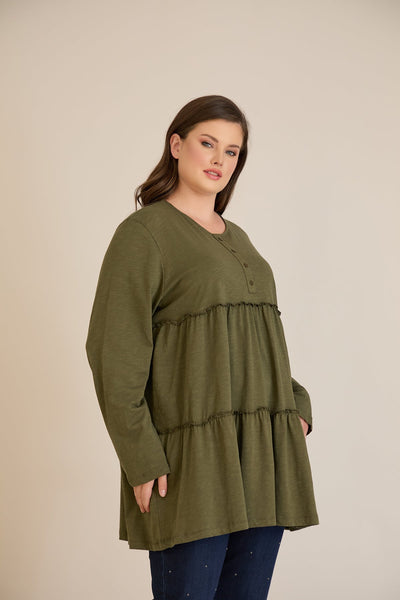Βαμβακερή τουνίκ με κουμπιά στο ντεκολτέ - Χακί
