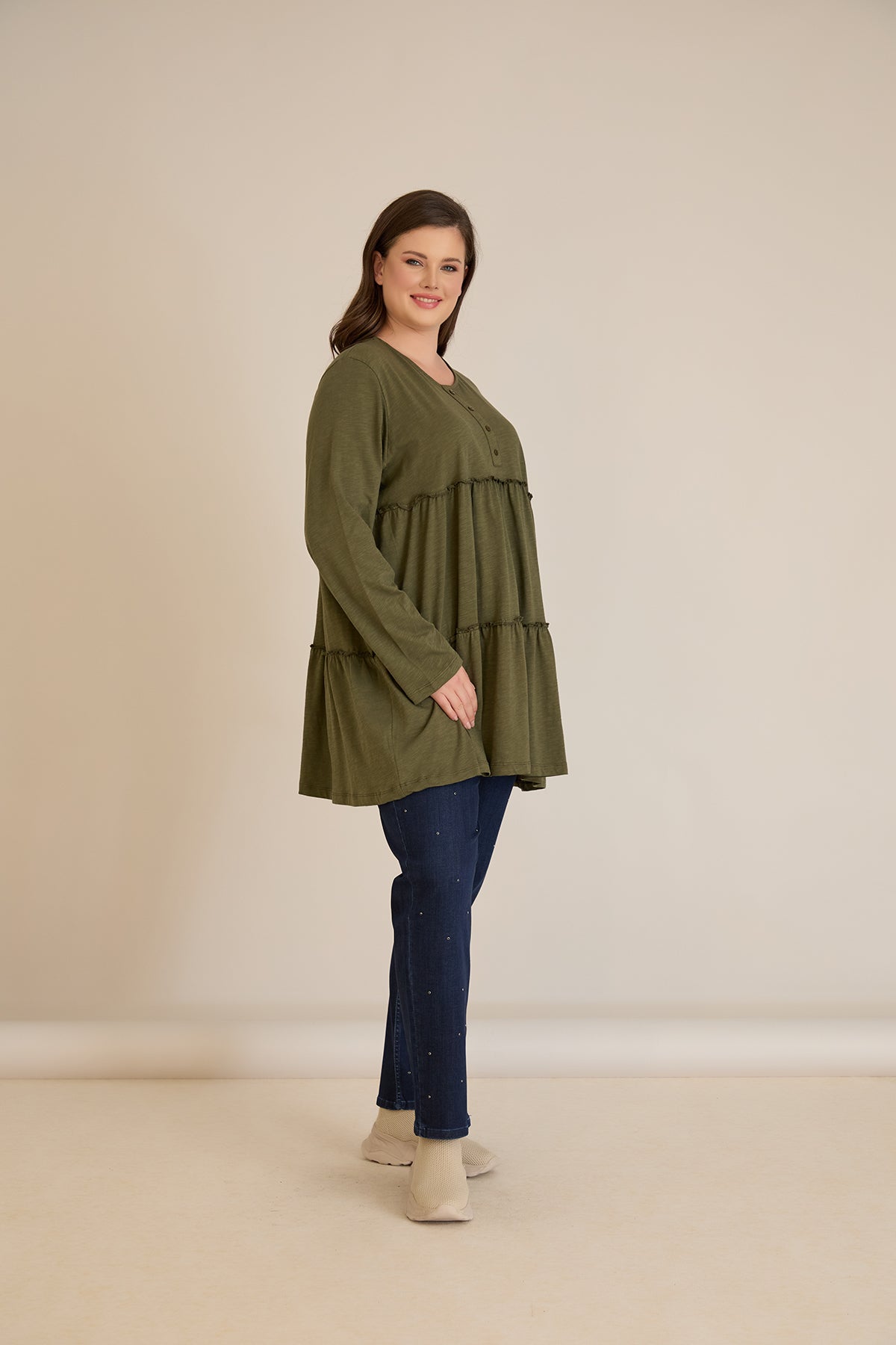 Βαμβακερή τουνίκ με κουμπιά στο ντεκολτέ - Χακί