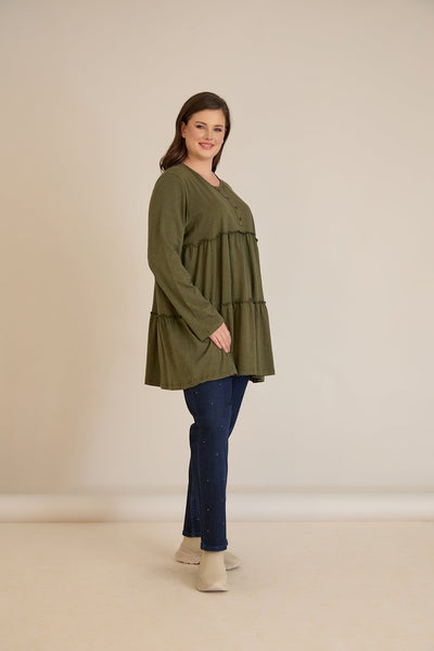 Βαμβακερή τουνίκ με κουμπιά στο ντεκολτέ - Χακί
