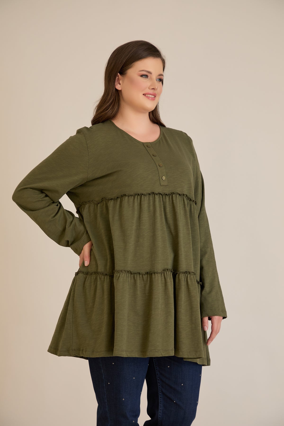 Βαμβακερή τουνίκ με κουμπιά στο ντεκολτέ - Χακί