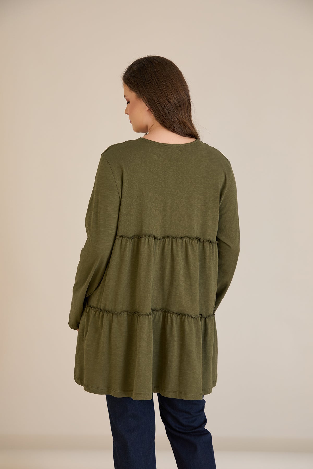 Βαμβακερή τουνίκ με κουμπιά στο ντεκολτέ - Χακί