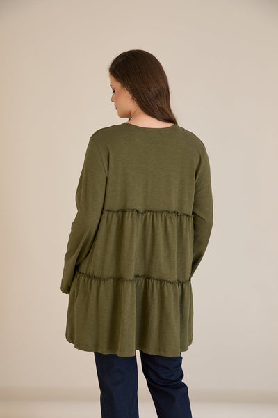 Βαμβακερή τουνίκ με κουμπιά στο ντεκολτέ - Χακί