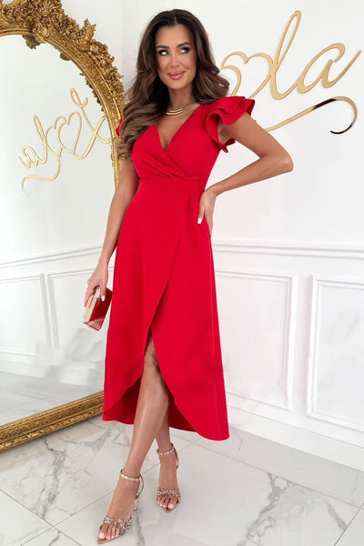 Lantorya™ | Adélise – Μονόχρωμο πλισέ φόρεμα με βαθύ V και σκίσιμο