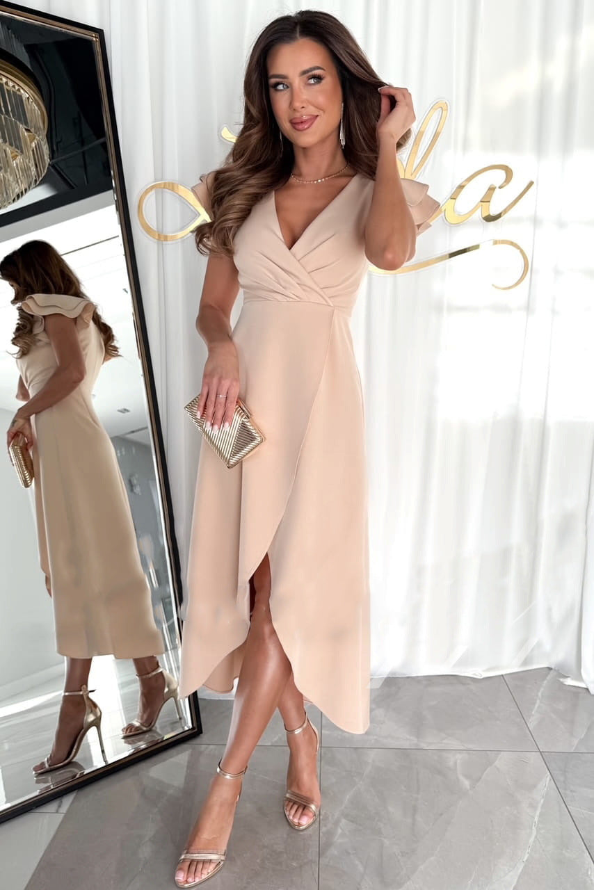 Lantorya™ | Adélise – Μονόχρωμο πλισέ φόρεμα με βαθύ V και σκίσιμο